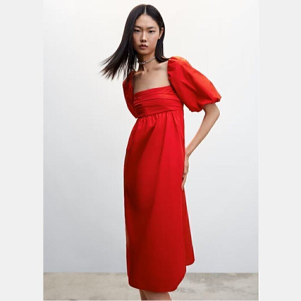 Mango Red Poplin Midi Dress NWT Off Shoulder Puff Sleeve Cotton Size 6 - Picture 12 of 16